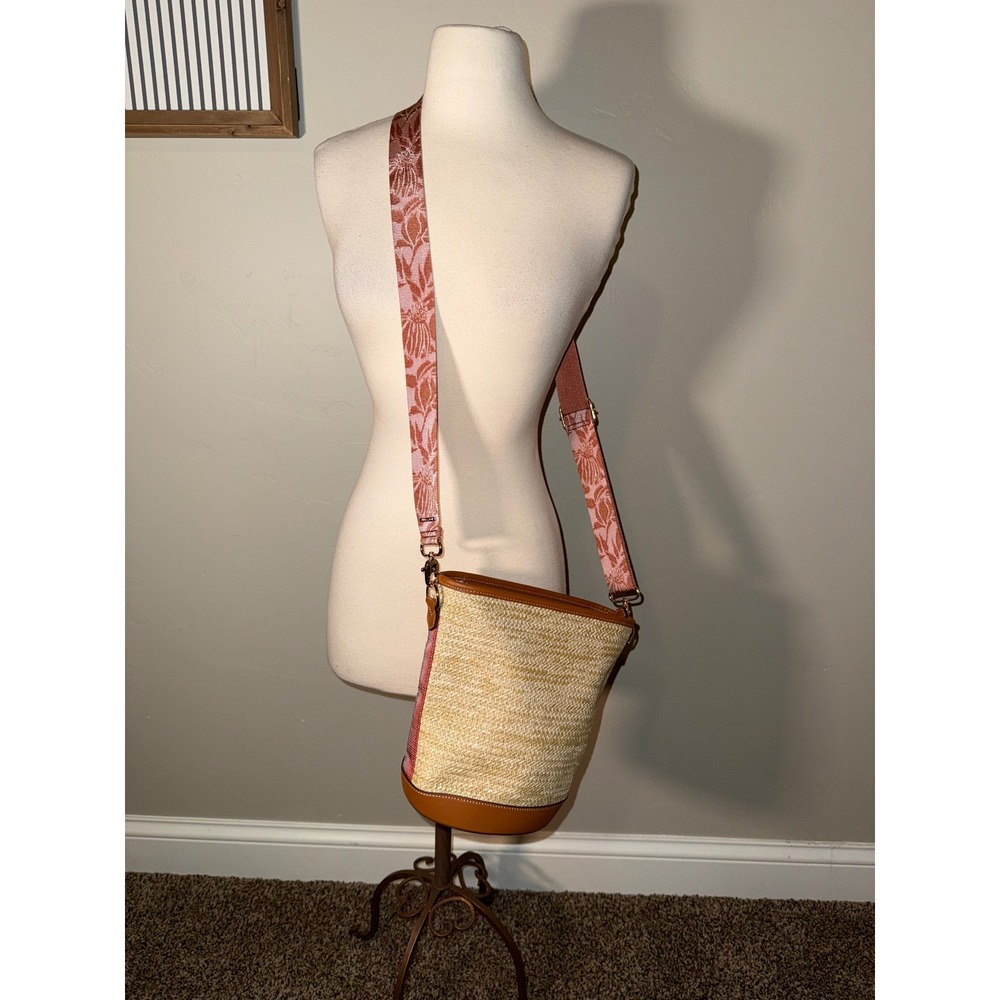 Stella & Dot Woven Straw Bucket Bag Brown Leather Trim Floral Crossbody Strap - Picture 3 of 13